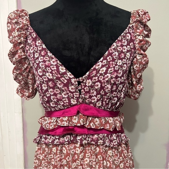 Anthropologie En Saison Red Ditzsy Midi Dress Sz XS Floral Chiffon Pleated Skirt - Picture 4 of 14